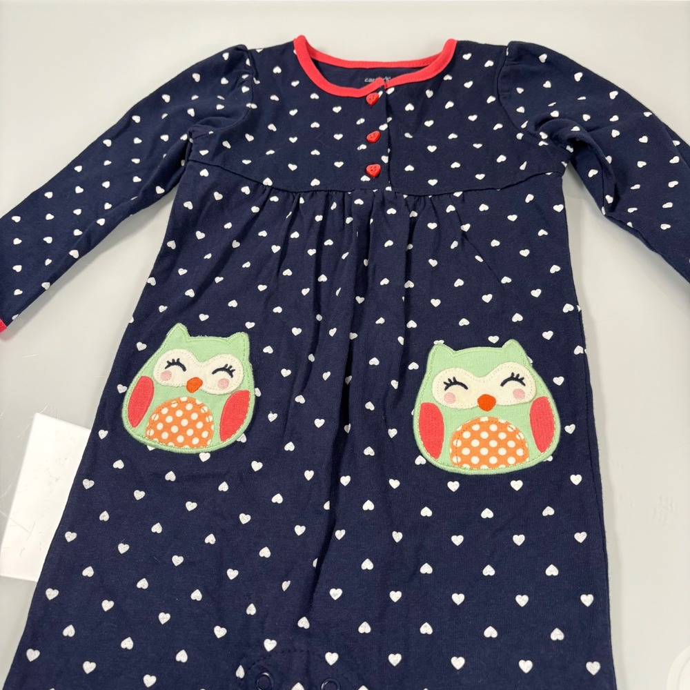 Carter's Kids 18M Navy Blue Heart Print Jumpsuit New Owl Applique Long Sleeve